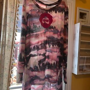 Cuddl Duds Pink Black Forest-Print Long Sleeve Pajama Top w/ Jerry Garcia